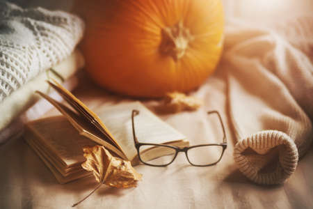 On the soft bed is a pile of warm sweaters, a large pumpkin, glasses, an open book, and dry maple leaves. Decorations for the holiday. Harvest. Home comfort.の写真素材