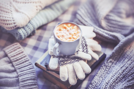 On top of a stack of books and wool gloves is an elegant mug of cappuccino with marshmallows, and next to it lie warm wool winter clothes: a hat, scarf and sweaters. The gentle cozy morning.の写真素材