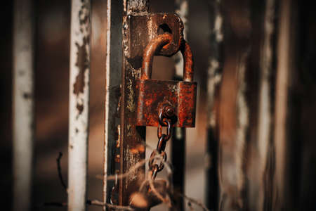 An old rusty metal padlock hangs on an old abandoned gate in the gloomy weather of autumn. Fearfully.の写真素材