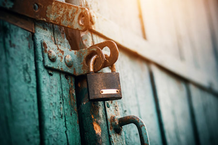 An old rusty lock hangs on the abandoned wooden gate, painted blue, which closes them and is illuminated by sunlight. Secret.の写真素材