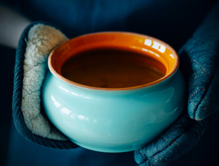 A man dressed in a dark blue apron and potholders holds a blue open clay pot with broth in his hands. Home cooking.の写真素材
