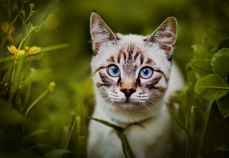 Portrait of a beautiful cute tabby cat sitting among tall green grass and yellow buttercup flowers on a summer day. A pet on a walk in nature.の写真素材