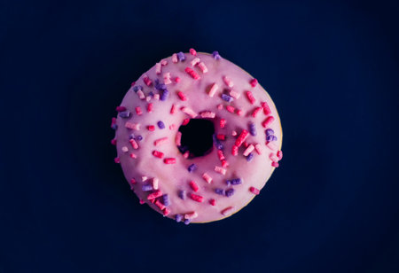 One pink sweet delicious donut with multicolored sprinkles lies on a dark blue background. bakery products. junk food.の写真素材