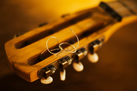 The fretboard of an old vintage guitar with metal strings on a sunny day. A musical instrument. Creation. Solfeggio.の写真素材