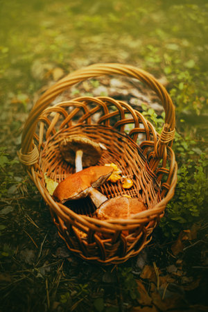 In the forest among the grass there is a wicker wooden basket with various collected mushrooms. Picking mushrooms in the summer. Ingredients for the dish. Uncooked edible mushrooms.の写真素材