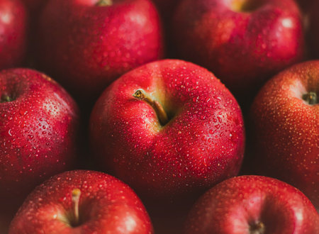 Ripe sweet red apples are harvested in the summer season. Fruit at the grocery store. Healthy nutrition and diet. Vegetarianism.の写真素材