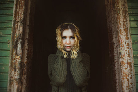 A beautiful blonde girl in an old wool sweater stands alone in the dark doorway of an abandoned...