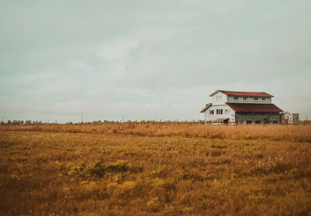 Landscape with an old village house standing in a field with autumn-yellowed grasses against a cloudy sky. Rural area.の写真素材
