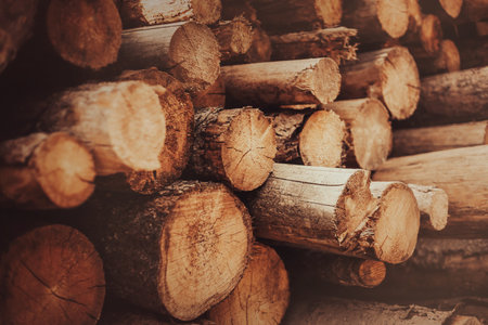 A lot of sawn pine logs are lying in a pile. At the sawmill. background. Harvesting of wood.の写真素材