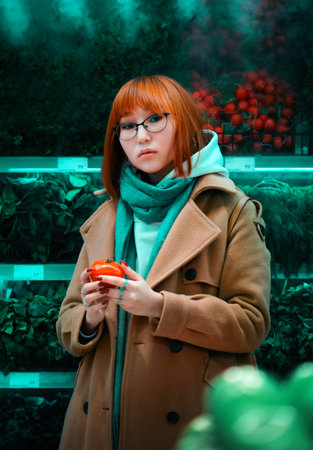 A beautiful ginger Asian woman stands in a grocery store in the middle of shelves with vegetables and holds a red ripe tomato in her hands. Vegetarianism and proper nutrition.の写真素材