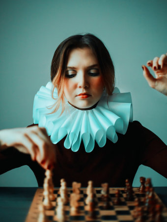 Portrait of a beautiful elegant woman in a white jabot, who is intentionally playing chess. A game of logic and strategy. The jester and the queen.の写真素材
