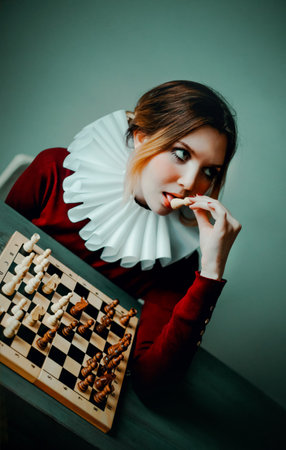 Portrait of a beautiful woman in a red dress with a white frill, who is sitting in front of a chessboard and licking a chess piece. Tricks of the fool. The queen's gambit.の写真素材