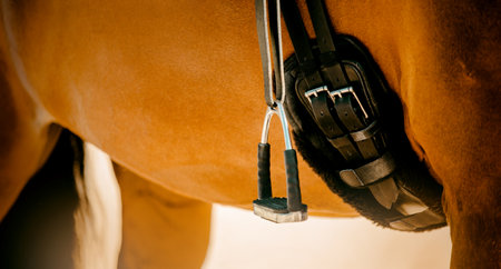 A bay horse with a black tail is wearing a black leather saddle and stirrup. Equestrian sports and ammunition. horse riding.の写真素材