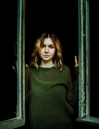 Portrait of a beautiful young blonde woman in a vintage green sweater, who stands in the semi-darkness of an abandoned house, opening the frames of a broken window with her hands.の写真素材