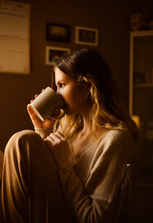 Early in the morning, a young blonde in pajamas is sitting in the kitchen and drinking coffee from a mug. Morning lifestyle and home comfort.の写真素材