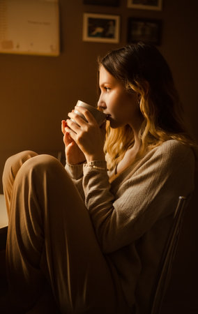 A cute beautiful young blonde in beige home clothes is drinking tea on a sunny morning sitting in the kitchen. A pleasant start to the day. lifestyle.の写真素材