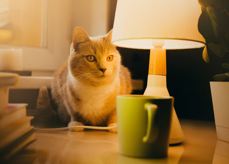 A cute ginger cat sits on the desktop in the evening near a glowing lamp, a green mug, a stack of books and a houseplant. Favorite pet and work at home.の写真素材