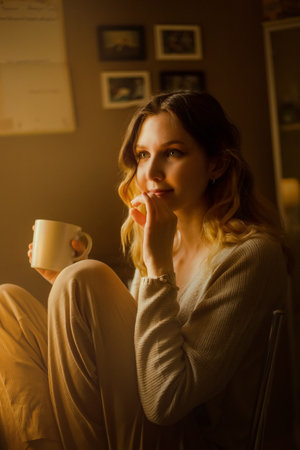 A beautiful cute blonde in beige pajamas is sitting at home in the kitchen and happily drinking tea, illuminated by the rays of the sun. Happiness is in the little things. lifestyle. home comfort.の写真素材