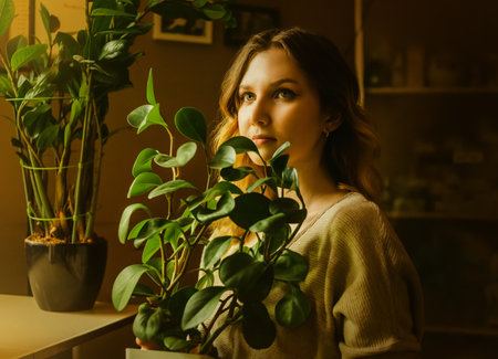 Portrait of a beautiful young woman with a houseplant in her hands on a sunny day. Breeding plants at home. Ecology and care for nature. love of plants.の写真素材