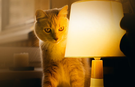 A cute domestic ginger cat is sitting near a glowing lamp on the table in the late evening. Favorite pet.の写真素材