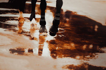 A black horse walks through a puddle, stepping hooves on the water surface. Equestrian life. after the rain.の写真素材