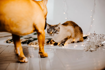 A dog and a cat look at each other sitting near garlands and Christmas decorations. Bull terrier and cat.の写真素材
