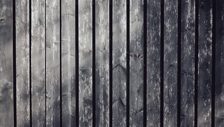 Black and white background of gray wooden painted old fence boards in the village, illuminated by sunlight.の写真素材