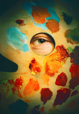 This photo shows a female artist peering through a hole in her paint palette, where she has been oil mixing paints .Artistic perspective and the creative process.の写真素材