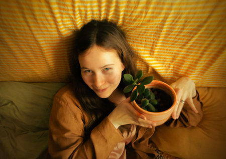 The beautiful smiling woman sitting on the yellow bed, holding a houseplant, exudes warmth and serenity. Relaxation, nature, and home decor.の写真素材