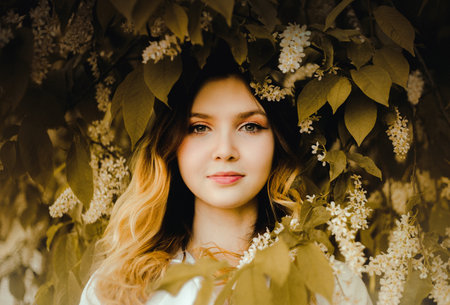An young blonde woman with white bird cherry blossom flowers in her hair standing amidst the foliage of a blooming tree. Nature, beauty, and femininity.の写真素材