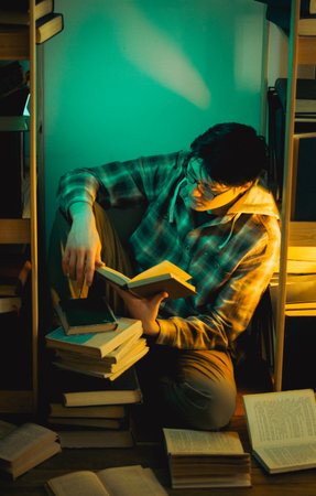 In the blue-yellow lighting of the library, a young man in glasses sits surrounded by shelves of books, engrossed in an encyclopedia. He has several volumes of books scattered around him.の写真素材