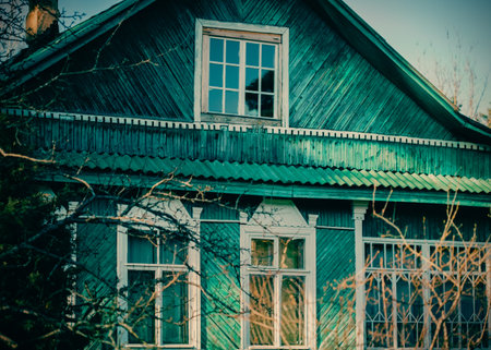 A beautiful wooden carved village house stands near a tree on a sunny spring day. Rural area.の写真素材