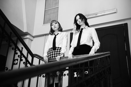 Two beautiful and sad schoolgirls dressed in white shirts and black ties are standing on a school staircase near the railing and looking down. The black-white image about themes of school disciplineの写真素材