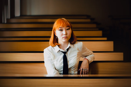An young, beautiful, red-haired Asian student in uniform is seated at a desk in an empty auditorium. The presence of a foreign student in this setting unveils themes of cultural diversity.の写真素材