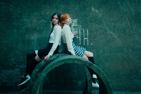 The two sad students in uniform sitting on a concrete ring against a gray building wall. The backdrop of a large industrial city highlights the struggles of youth in challenging urban environments.の写真素材