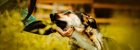 A summer day where the owner's hand is scratching their fluffy dog's chin, showing care and affection towards their pet. The animal companionship, love and the joys of spending time with pets outdoorsの写真素材