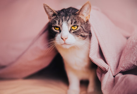 A gray domestic tabby cat sits covered with a soft pink blanket and looks out from under it. A pet on the bed.の写真素材