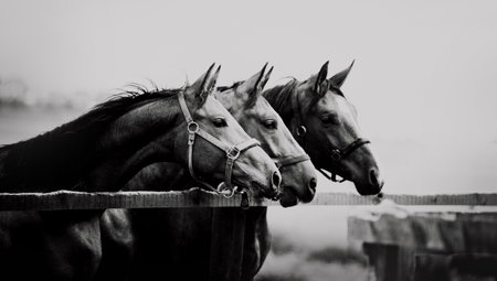 Portrait of three horses in profile standing in a paddock on a farm. Black and white photo. Agriculture and horse care. Livestock.の写真素材