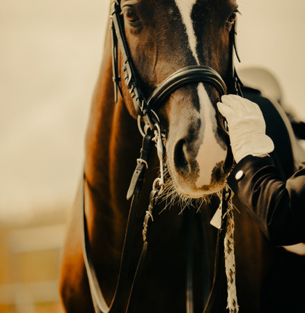 Portrait of a bay horse, which the rider puts a leather bridle on its muzzle. Equestrian sports and sports equipment. Dressage.の写真素材