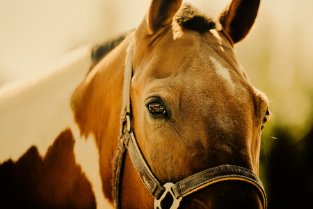 Portrait of a beautiful horse with a halter on its muzzle on a warm sunny summer day in close-up. The eyes of a horse. Agriculture and livestock. Horse care.の写真素材
