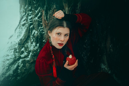 Portrait of a beautiful woman with pigtails in a folklore costume, who bites off a scarlet apple while sitting near an oak tree on a snowy day. Forest, Slavic fairy tales and traditions.の写真素材