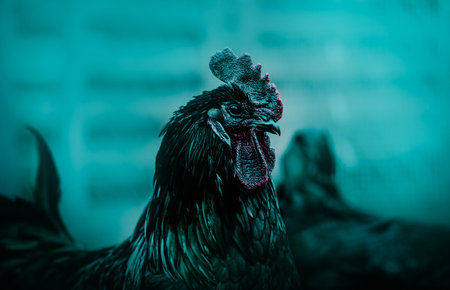 Portrait of a mysterious black rooster on a farm. Poultry and agriculture. Chicken care.の写真素材