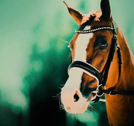 Portrait of a chestnut horse with a bridle around its head against the blue sky on a warm summer's day. Riding on horseback.の写真素材