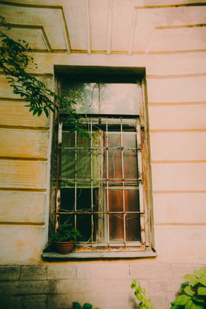 The window of an old house with a potted plant sitting on the sill on a summer's day. The atmosphere of cozy courtyards and travel.の写真素材