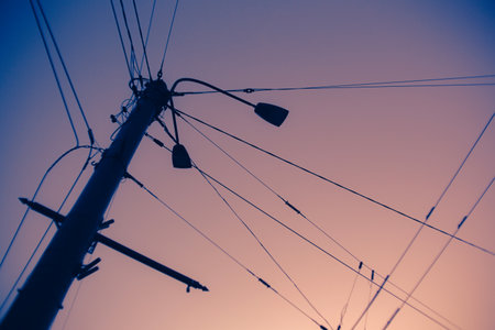 A street lamp, standing against the backdrop of the sunset sky, in the twilight of summer. Long...