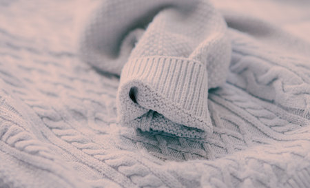 A soft, white knit sweater with long sleeves, maintained in its whiteness thanks to high-quality bleaching. Warm and comfortable clothing.の写真素材