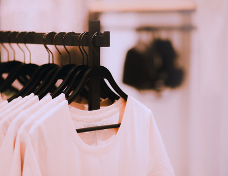 There are white T-shirts on hangers in the store. They are on sale and they are part of a basic wardrobe. These are casual clothes.の写真素材