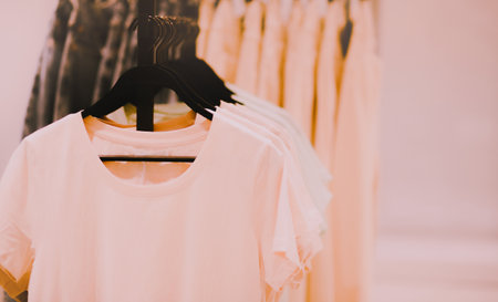There are beige T-shirts hanging in the store. They're on sale and are a part of a basic wardrobe. These casual clothes are perfect for everyday wear.の写真素材