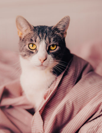 A cute domestic tabby cat with yellow eyes and a pink nose is sitting on the bed, wrapped in a warm...