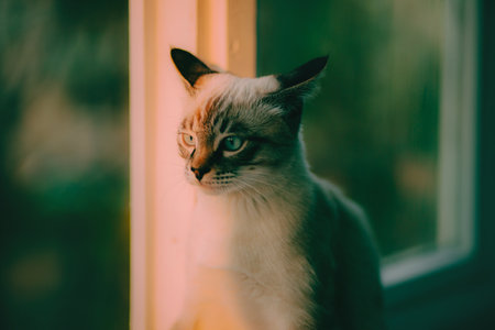 A portrait of a cute tabby kitten sits on the window sill, bathed in rays of sunlight that fall on its adorable muzzle. This is a beloved pet.の写真素材